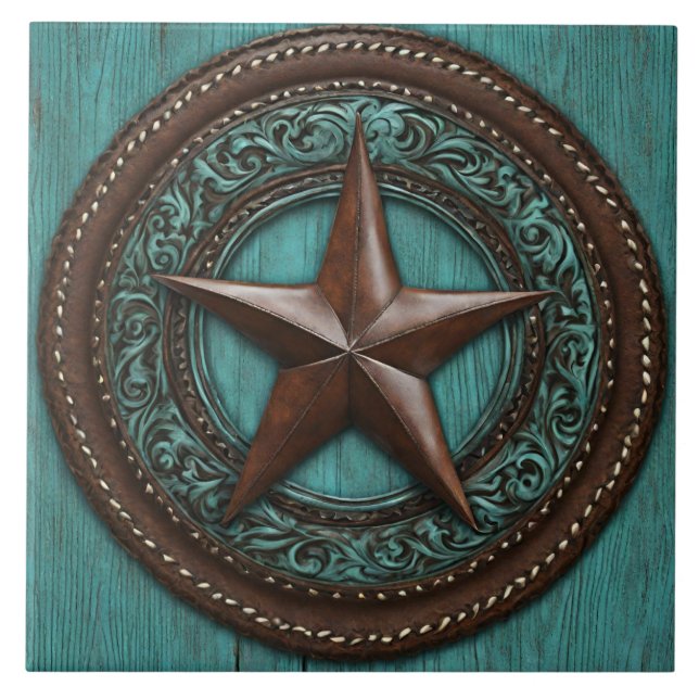 Farm Ranch Country Western Turquoise Texas Star  Ceramic Tile (Front)