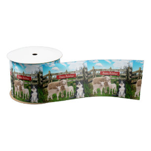 Farm Ranch Sheep and Dog Happy Holidays Satin Ribbon