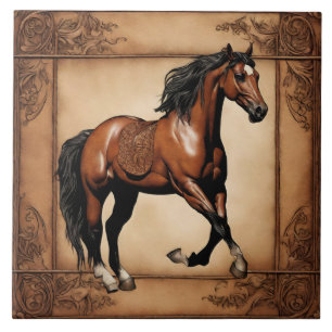 Farm Ranch Western Country Equestrian Brown Horse  Ceramic Tile