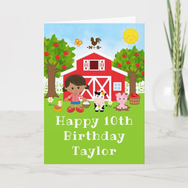 Farm Red Barn African American Girl Happy Birthday Card (Front)