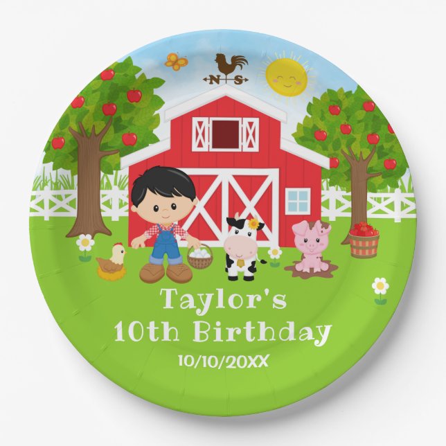 Farm Red Barn Black Hair Boy Birthday Party Paper Plate (Front)