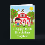 Farm Red Barn Black Hair Boy Happy Birthday Card<br><div class="desc">This cute and fun birthday card can be personalised with a name or title such as son, grandson, nephew, friend etc. It features a black hair boy with fair skin beside a red barn with a rooster wind vane. There are adorable farm animals such as a cow, pig and hen....</div>