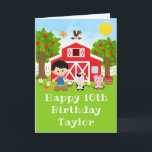 Farm Red Barn Black Hair Boy Happy Birthday Card<br><div class="desc">This cute and fun birthday card can be personalised with a name or title such as son, grandson, nephew, friend etc. It features a black hair boy with fair skin beside a red barn with a rooster wind vane. There are adorable farm animals such as a cow, pig and hen....</div>