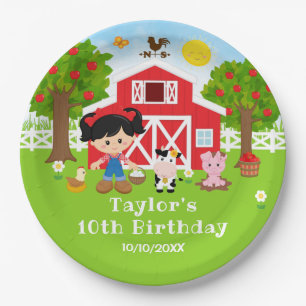 Farm Red Barn Black Hair Girl Birthday Party Paper Plate