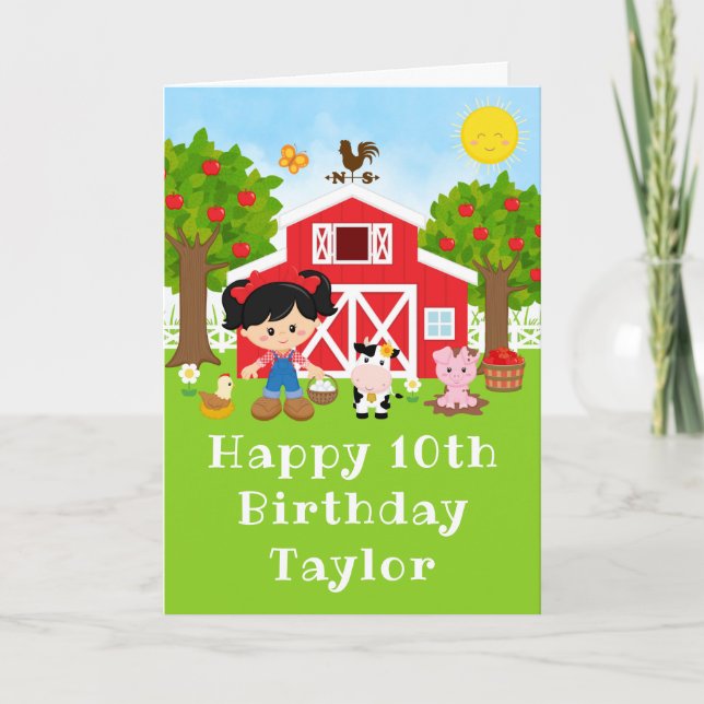 Farm Red Barn Black Hair Girl Happy Birthday Card (Front)