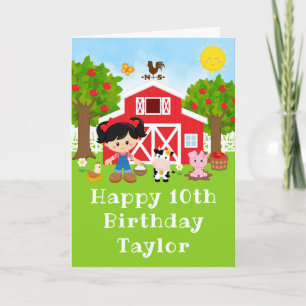 Farm Red Barn Black Hair Girl Happy Birthday Card