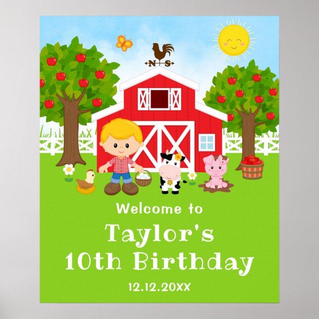 Farm Red Barn Blonde Hair Boy Birthday Welcome Poster (Front)