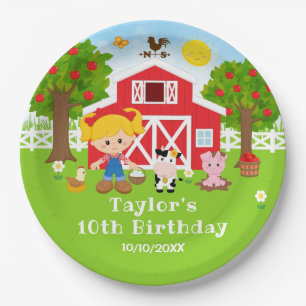 Farm Red Barn Blonde Hair Girl Birthday Party Paper Plate