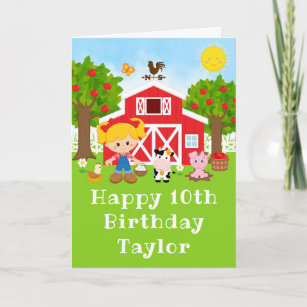 Farm Red Barn Blonde Hair Girl Happy Birthday Card