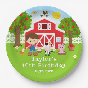 Farm Red Barn Brown Hair Boy Birthday Party Paper Plate