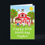 Farm Red Barn Brown Hair Boy Happy Birthday Card<br><div class="desc">This cute and fun birthday card can be personalised with a name or title such as son, grandson, nephew, friend etc. It features a brown hair boy with fair skin beside a red barn with a rooster wind vane. There are adorable farm animals such as a cow, pig and hen....</div>