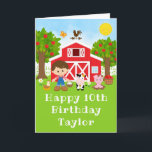 Farm Red Barn Brown Hair Boy Happy Birthday Card<br><div class="desc">This cute and fun birthday card can be personalised with a name or title such as son, grandson, nephew, friend etc. It features a brown hair boy with fair skin beside a red barn with a rooster wind vane. There are adorable farm animals such as a cow, pig and hen....</div>