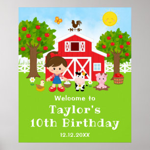 Farm Red Barn Brown Hair Girl Birthday Welcome Poster
