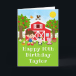 Farm Red Barn Brown Hair Girl Happy Birthday Card<br><div class="desc">This cute and fun birthday card can be personalised with a name or title such as daughter, granddaughter, niece, friend etc. It features a brown hair girl with fair skin beside a red barn with a rooster wind vane. There are adorable farm animals such as a cow, pig and hen....</div>