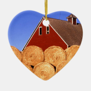 Farm Red Barn Hay Bales Ceramic Ornament