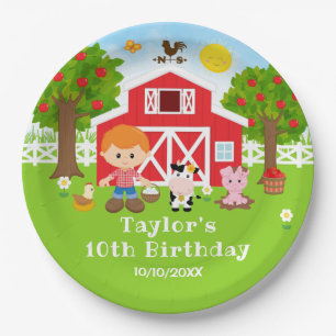 Farm Red Barn Red Hair Boy Birthday Party Paper Plate