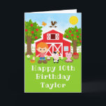 Farm Red Barn Red Hair Boy Happy Birthday Card<br><div class="desc">This cute and fun birthday card can be personalised with a name or title such as son, grandson, nephew, friend etc. It features a red hair boy with fair skin beside a red barn with a rooster wind vane. There are adorable farm animals such as a cow, pig and hen....</div>