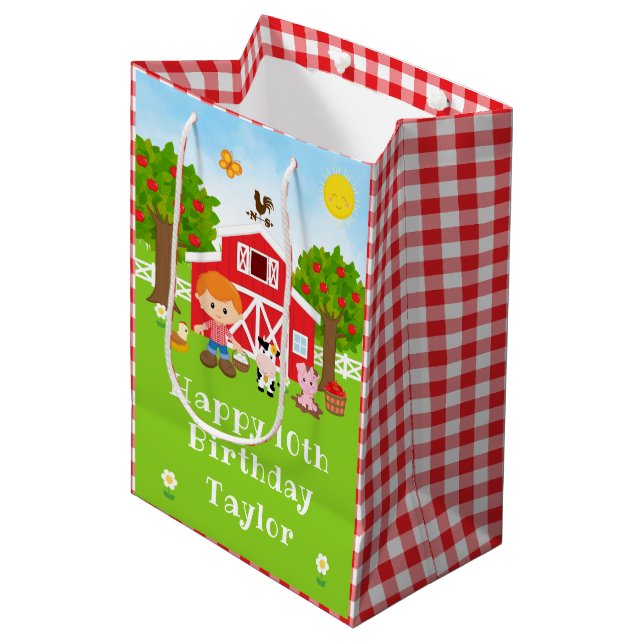 Farm Red Barn Red Hair Boy Happy Birthday Medium Gift Bag (Front Angled)