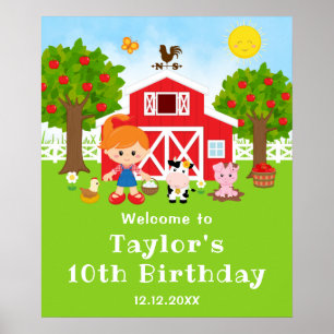 Farm Red Barn Red Hair Girl Birthday Welcome Poster