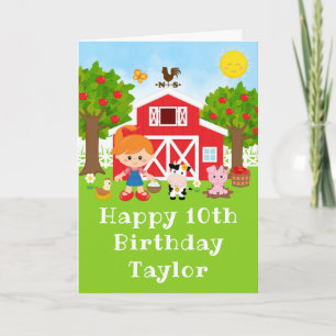Farm Red Barn Red Hair Girl Happy Birthday Card