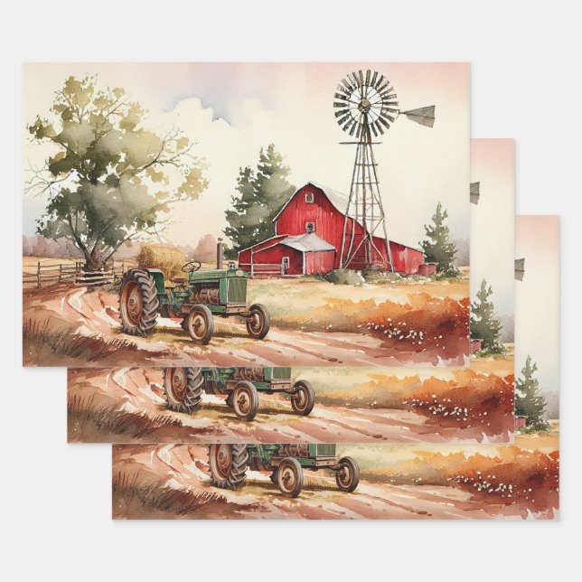 Farm Red Barn Tractor Landscape Decoupage Wrapping Paper Sheet (Set)