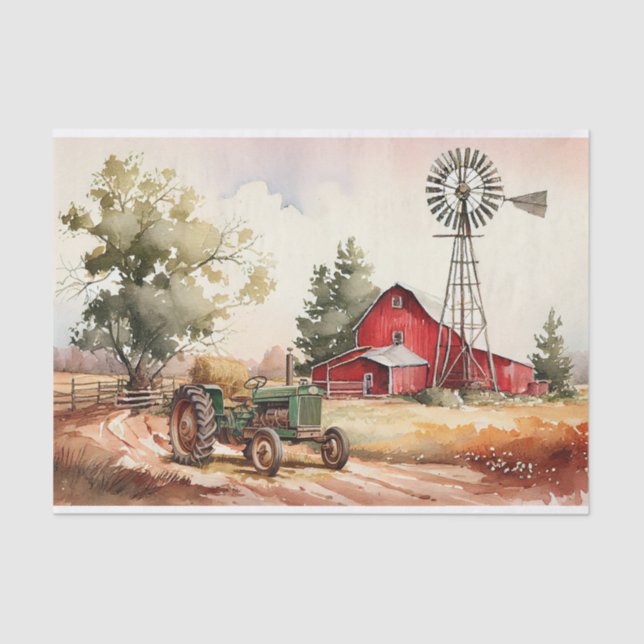 Farm Red Barn Tractor Landscape Tissue Paper (Front)
