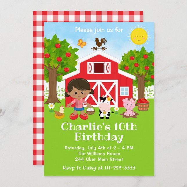 Farm Red Barnyard Birthday African American Girl Invitation (Front/Back)