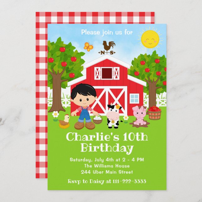Farm Red Barnyard Birthday Black Hair Boy Invitation (Front/Back)