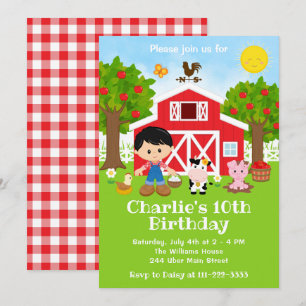 Farm Red Barnyard Birthday Black Hair Boy Invitation
