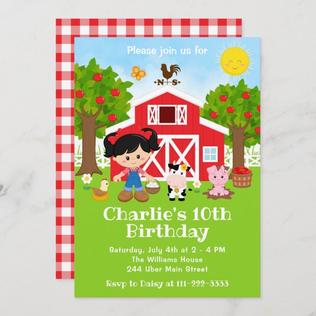 Farm Red Barnyard Birthday Black Hair Girl Invitation (Front/Back)