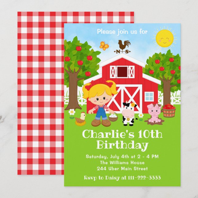 Farm Red Barnyard Birthday Blonde Hair Girl Invitation (Front/Back)
