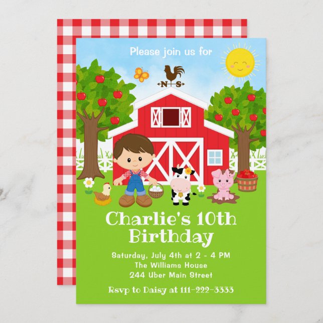 Farm Red Barnyard Birthday Brown Hair Boy Invitation (Front/Back)