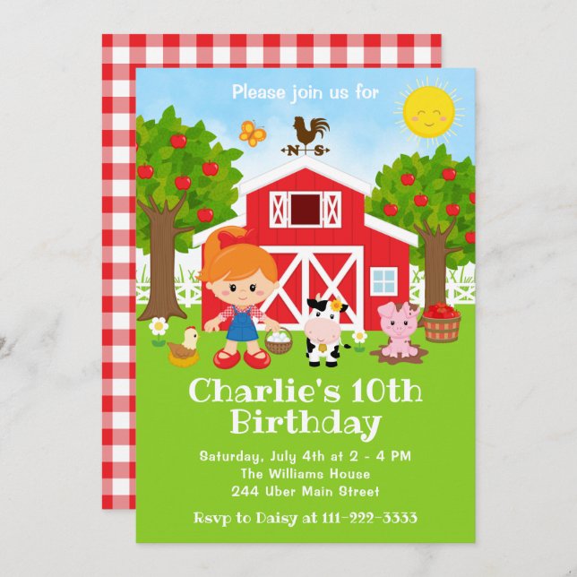 Farm Red Barnyard Birthday Red Hair Girl Invitation (Front/Back)