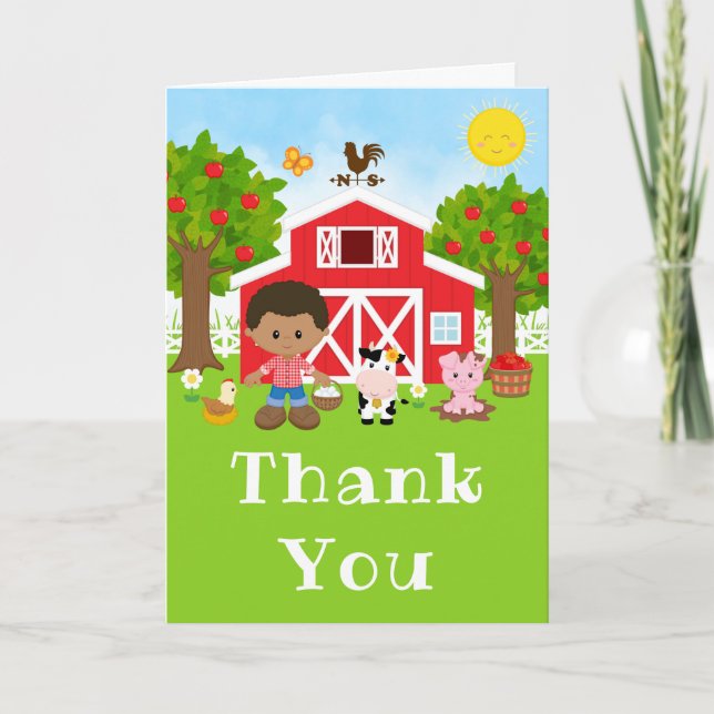 Farm Red Birthday African American Boy Thank You Card (Front)
