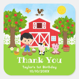 Farm Red Birthday Black Hair Boy Thank You Square Sticker