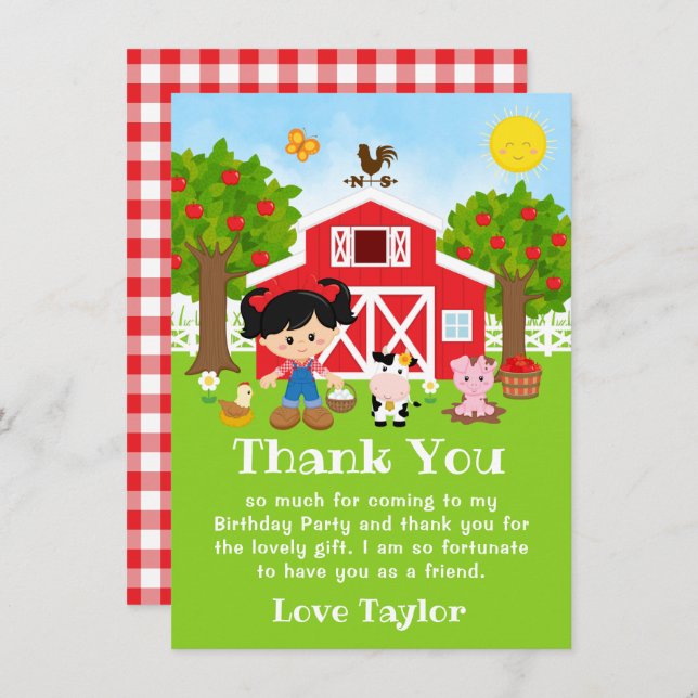 Farm Red Birthday Black Hair Girl Thank You Card (Front/Back)