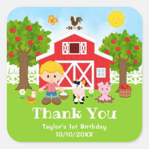 Farm Red Birthday Blonde Hair Boy Thank You Square Sticker