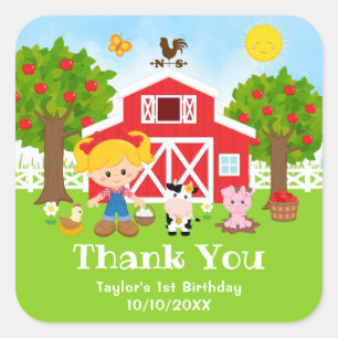 Farm Red Birthday Blonde Hair Girl Thank You Square Sticker