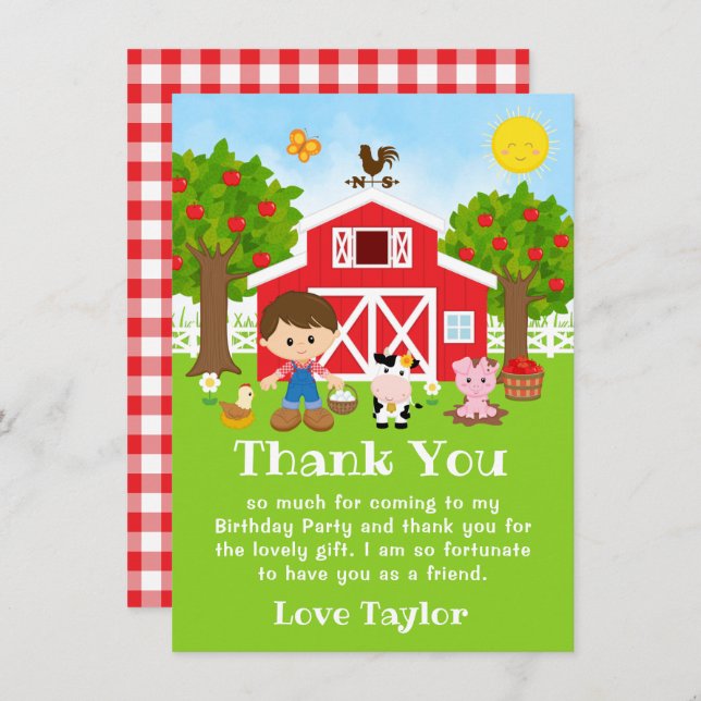 Farm Red Birthday Brown Hair Boy Thank You Card (Front/Back)