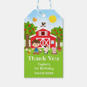 Farm Red Birthday Brown Hair Boy Thank You Gift Tags