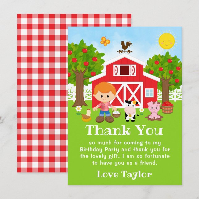 Farm Red Birthday Red Hair Boy Thank You Card (Front/Back)
