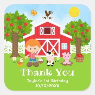 Farm Red Birthday Red Hair Boy Thank You Square Sticker