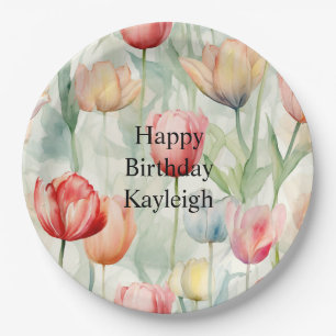 Farm Red Yellow Tulip Flowers Birthday Paper Plate