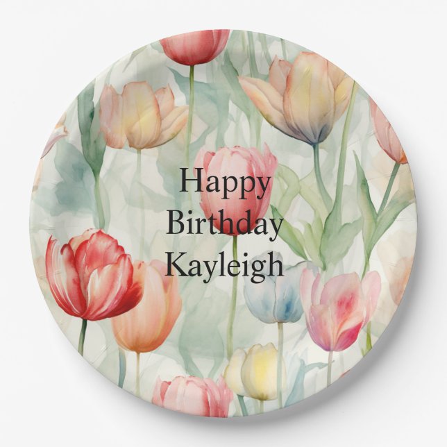 Farm Red Yellow Tulip Flowers Birthday Paper Plate (Front)