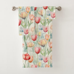 Farm Red Yellow Tulip Flowers Bridal Shower Bath Towel Set