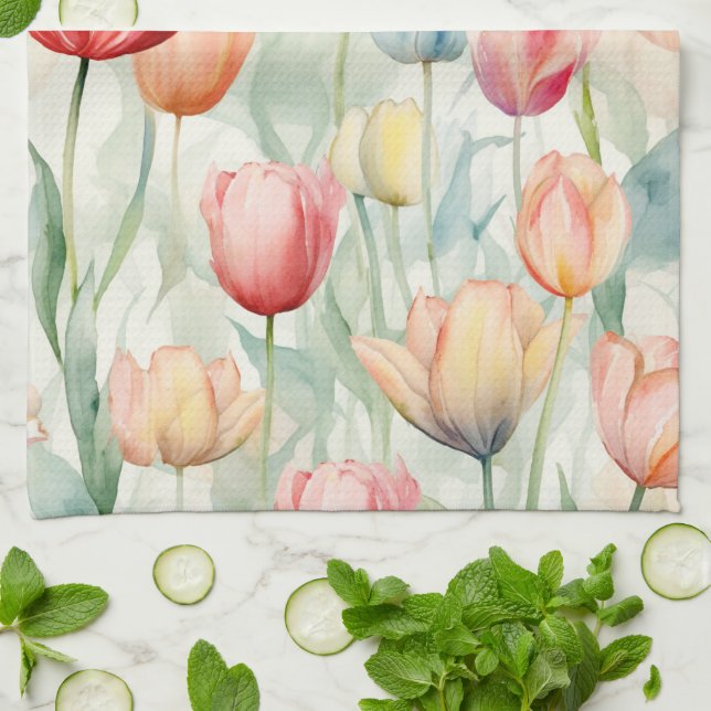 Farm Red Yellow Tulip Flowers  Tea Towel (Folded)