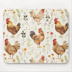 Farm Roosters Chickens Flowers Mouse Pad