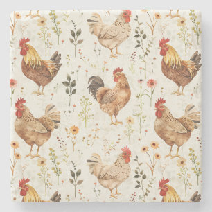 Farm Roosters Chickens Flowers Stone Coaster