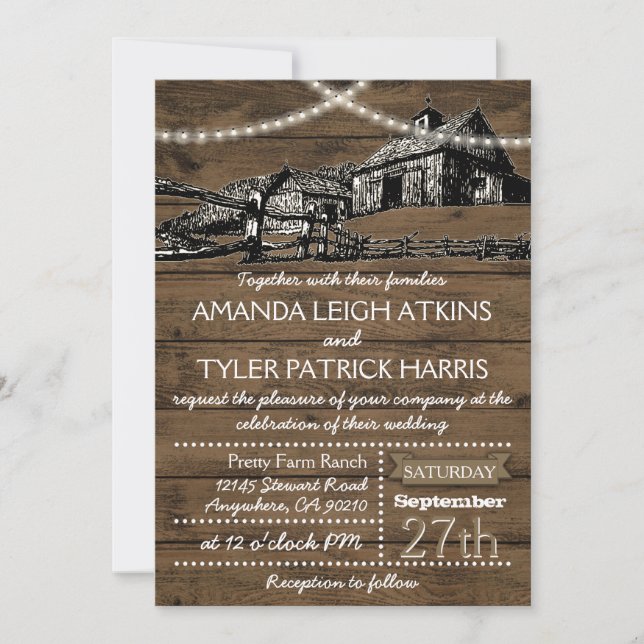 Farm Rustic String Lights Barn Wedding Invitations (Front)