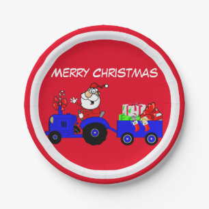 Farm Santa On Tractor With Gifts Party Plates